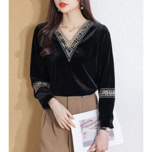 Ammin thời trang phong cách Hàn Quốc khí dài tay Nhung vàng rỗng nối ren Áo Blouse cổ chữ V 2023 mùa thu thanh lịch thời trang mỏng và linh hoạt nối ren tay áo bong bóng Tops