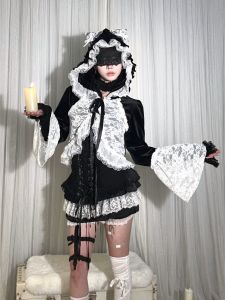 สามสี ลูกไม้ กํามะหยี่ถักเปิดเล็ก คาร์ดิเกน สีดำ สีขาว สีม่วง HBreaker24AW แฟชั่นสุภาพสตรี ฤดูใบไม้ผลิ ฤดูใบไม้ร่วง เสื้อแขนเสื้อ