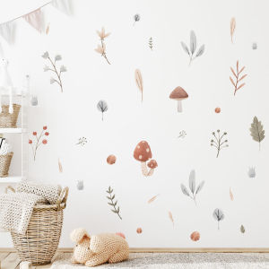 Boho Màu Nước Hình Nấm & Lá Decal Dán Tường Tông Màu Trung Tính Thực Vật Có Thể Tháo Rời Miếng Dán PVC Tự Dính