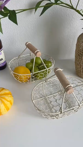 Iron Wire Bread Basket Wooden Handle Metal Retro Basket Metal Detachable Wire Egg Basket