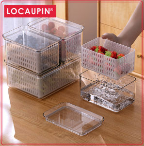 Locaupin Kitchen Food Storage Containers Stackable Refrigerator Organizer Bins with Lids with Removable Drain Basket