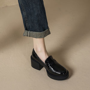 2023 Spring New British Style Small High Heel Loafers Women Commuter Simple Chunky Heel Thick Bottom round Toe Single-Layer Shoes