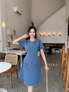 Ginie dress เดรสออกงาน เดรสทำงาน เดรสแฟชั่นคอกลมแต่งโบว์ เรียบๆลุคคุณหนู ป้าย VERA