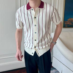 Áo Thun Nam Cổ Polo Sọc Mùa Hè Thường Ngày Không Cần Ủi Dáng Ôm Vừa Vặn Tay Ngắn Dệt Kim Mỏng Thanh Lịch Thương Hiệu Momo