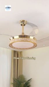 Lampu Gantung Aesthetic Kristal LED Kipas Plafon 42 Inch Hemat Energi Senyap Silent Kristal Chandelier Mewah Modern Elegan Dekorasi Interior Rumah Remote Control 3 Warna Cahaya untuk Ruang Tamu Kamar Tidur Dapur Hotel Cafe Teras