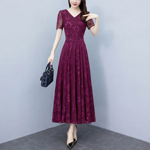Impression Fashion Women Elegant Korean Style Jacquard Weave Chiffon V-neck Short Sleeve High Waist A-line Swing Plus Size Long Dress