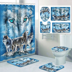 1/4 Wolf Eyed Wolf Shower Curtains Toilet Seat Decoration Shower Curtain with Carpet and Toilet Lid 12 70.8x70.8 inch Hooks