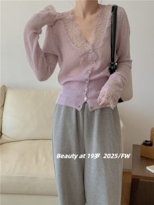 Purple Knitted Woolen V-neck Base Shirt Womens Autumn Winter Layering Top Lace Trim Splice Knit Cardigan Commute Style Slim Fit