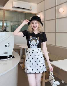 ชุดเซตน้องแมว😻 ชุดเซต 2 ชิ้น เสื้อยืดลายน้องแมว+กระโปรงลายจุด น่ารักๆ🧸💝