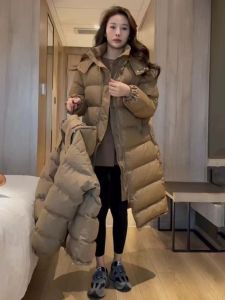 Pure Color Hooded below-the-Knee down Cotton Jacket Coat Womens Mid Length Long Length Winter New Arrival Cotton and Thickening Bread Coat Cotton-Padded Clothes Fashion
