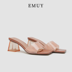 Emuy Crystal Chunky Heel Sandals Womens Summer New Slippers Outdoor Wear French Style Square Head Nude Transparent High Heels