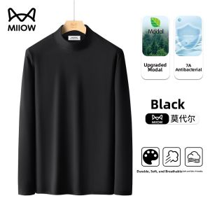 miiow | Mens Modal Cotton Half High Collar Base Shirt Casual Long Sleeve T-Shirt Comfortable Soft Polyester Blend Autumn Wear