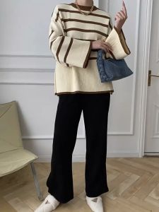 FRAN Korean Style Women Long Sleeve Knit Striped Top Sweaters Shirts Loose Blouse COD