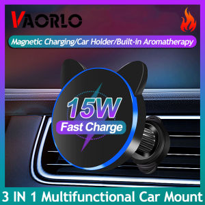 VAORLO Original 3 IN 1 Portable Multi-Function Car Mobile Phone Holder 360° Multi-angle Adjustment QC3.0 15W Wireless Fast Charging Double Cat Ears Aromatherapy Design Bracket With Gravitational Iron Ring/Fragrant Stick Compatible With iPhone 15 ProMax