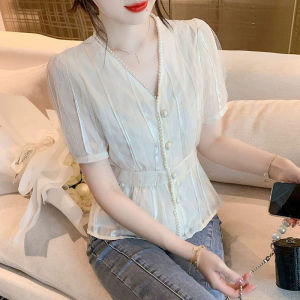 Summer European Style V-neck Slim Fitting Chiffon Blouse