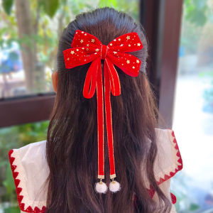 New 2025 Childrens Butterfly Knot Hair Clip Little Girl Festival Headwear Red Long Tassel Hanfu Hair Clip Chinese Style