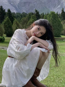 French Style Long Sleeve Hollow out White Shirt Dress Women Loose Slimming Travel Wear Fairy Short Skirt Spring Summer