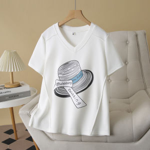 เสื้อยืดคอกลมแขนสั้นพิมพ์ลายกระดูกปลาสไตล์เกาหลีสำหรับผู้หญิงไซส์ใหญ่ ทรงหลวม ผ้าฝ้าย ฤดูร้อน 2025