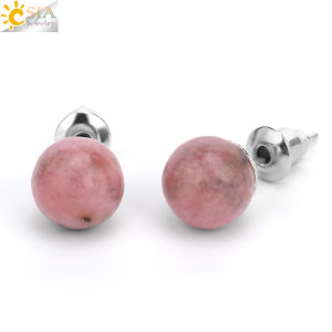 CSJA 8mm Natural Stone Stud Earrings Crystal Quartz Round Ball Beads Silver Color Simple Fashion Ear Jewelry for Women Girl G199
