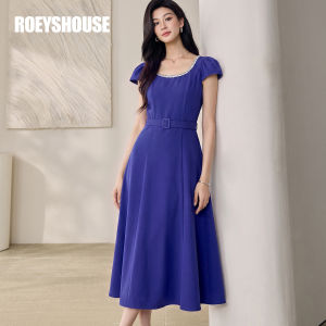 Roey s house | Đầm Dây Nơ Trang Nhã Màu Xanh Chàm Đính Ngọc Trai Siết Eo
