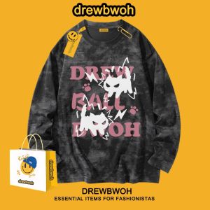 Áo Thun Cotton Nam Dài Tay Drewbwoh 2025 Mới Về Phong Cách Mỹ Dệt Kim 280g Thêu Hoạt Hình Thường Ngày Mùa Xuân Thu