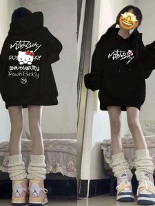 เสื้อสเวตเตอร์มีฮู้ดแบบมีฮู้ดพิมพ์ลายแมวคิตตี้สไตล์อเมริกันสตรีท เสื้อผ้าฤดูใบไม้ร่วง/ฤดูหนาวสำหรับนักเรียน ผ้าฝ้าย 100% ปกติ