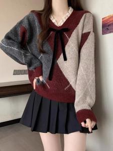 Wine Red Diamond Pattern Knitted Sweater Womens V-neck Lace Spring New Style Lazy Retro Autumn Winter Top Trendy Butterfly Knot