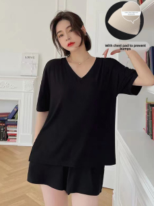 Bộ Đồ Ngủ Modal Mùa Hè Cho Nữ Áo Cổ Chữ V Quần Short Bộ Đồ Mặc Nhà Màu Trơn Cỡ Lớn Có Đệm Ngực Mùa Hè 2025
