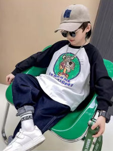 Boys Cotton Long Sleeve T-Shirt Color Block Cartoon Base Shirt Spring Autumn Seasonal Kids Fashionable Top round Neck