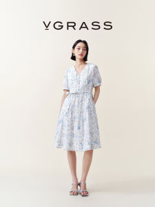 V·grass/V-GRASS | Đầm V-neck Hoa Nước Bọt Gấm Phong Cách Nghỉ Dưỡng