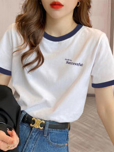 Color Block Pure Cotton Short Sleeve T-Shirt Womens Summer New Style round Neck Loose Top Fashionable Half Sleeve Trendy