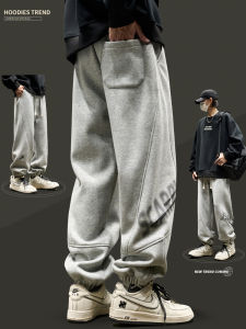 Trendy Grey Casual Mens Sweatpants Loose Fit American Style Sporty Trousers with Lettering Workwear Long Pants Autumn
