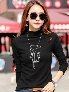 Early ฤดูใบไม้ผลิ หนาขึ้น แขนยาว ผ้าฝ้าย เสื้อตัวใน ผู้หญิง เสื้อยืดตัวใน ทันสมัย พิมพ์ครึ่งสูง ปกเสื้อ ใส่สบาย