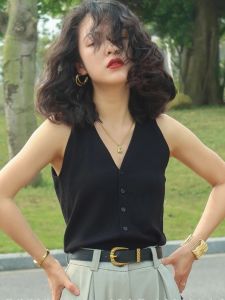 French Vintage คอวี ถัก ไม่มีสาย เสื้อกั๊ก ผู้หญิง ด้านใน ฤดูร้อน แจ๊กเก็ต พรางหุ่น สีดำ แขนกุด เสื้อท่อนบน ชุดทํางานสไตล์ปุ่ม