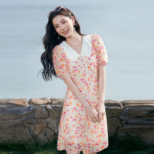SEIFINI | Pink Flower Print Spliced Peter Pan Collar Midi Dress