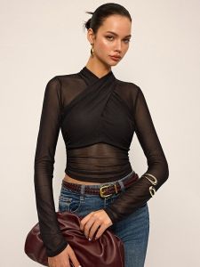 Cross Long Sleeve Slim Fit Short T-Shirt Womens Sportswear Casual Clothing High Neck Splice Thickened Eighteen Sleeve T-Shirt