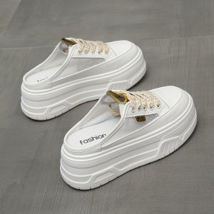 Casual Leather Slip-On Half Slippers Womens Summer New Thick Bottom Heightening Padded Head Outdoor Wear Mesh White Shoes