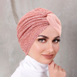 2025 New Lace Splicing Women Muslim Hijab Caps Wrap Head Indian Turban Bonnet Fashion Headdress Islamic Clothing Accessories