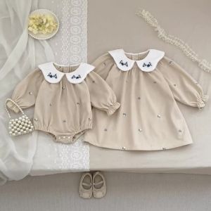 Baby Princess Girl Sisters Dress Embroidered Bow Beige 0-6Yrs Baby Long Sleeve Dress Toddler Infant Girl Clothes Kids Outfits