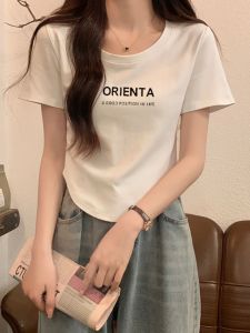 LINGLONGDAI | White Cotton Short Sleeve Round Neck T-Shirt Womens Fashionable Slim Fit Summer Top Korean Style Creative Print Casual Wear