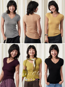 Lagur | Plum Color Seamless Single Piece Water-Soluble Wool Slimming V-Neck Short Sleeve Womens Top