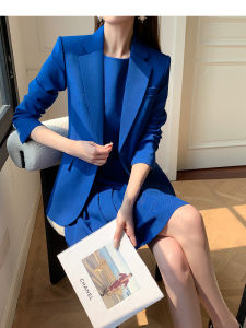 Klein Blue Womens Suit Dress Spring Autumn New Fashionable Office Lady High End Sensation Long Sleeve Button up Pure Color