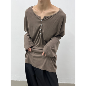 Clavicle Breasted Big Neckline Lazy Style Long Sleeve T-Shirt Mens Loose Thin Elegant Drape Inner Bottoming Shirt Tops