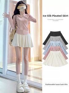 plus Size Ice Silk Pleated Skirt Womens High Waist Slimming Summer Sport A-Line Mini Skirt Anti-Light Walking Short Skirt