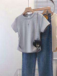 Slim Fit Pure Cotton Short Sleeve T-Shirt Womens Waist Cinched Pleated Summer New Small Size Fashionable Top Korean Style