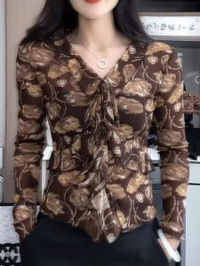 SUOXIMENG | Large Size Brown V-Neck Print Belted Ruffle Hem Top Womens Fashion Trend Retro Style Spring Autumn New Arrival