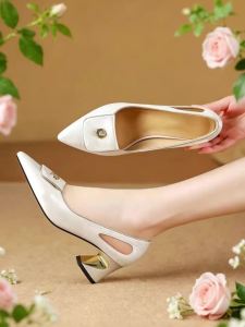 Giày Cao Gót Nữ Chất Liệu Jacquard Mũi Nhọn Thiết Kế Khoét Bên Khóa Kim Loại Hình Vuông Gót Vuông Dành Cho Công Sở Và Dự Tiệc Hàng Ngày.