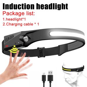 COB LED Headlamp Sensor Headlight with Built-in Battery Flashlight USB Rechargeable Head Lamp Torch 5 Lighting Modes Work Light