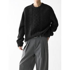 Fat Brother Grey round Neck Twist Sweater Mens Thickened Loose Casual Top Trendy Autumn Long Sleeve Polyester Nylon Wool Blend