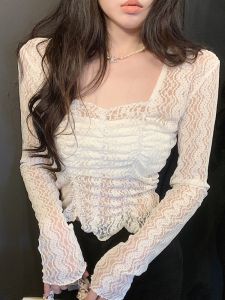 GUZILIAN | Pure Desire Lace Base Shirt Womens Long Sleeve Square Collar Slimming Short Style Fashionable Small Shirt Inner Wear Top